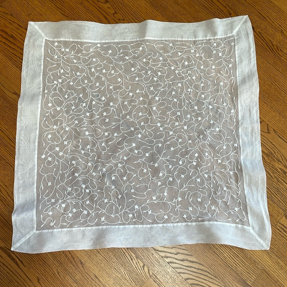 White Embroidered Table Linen Table Topper 34.5” square Vintage Wedding Decor